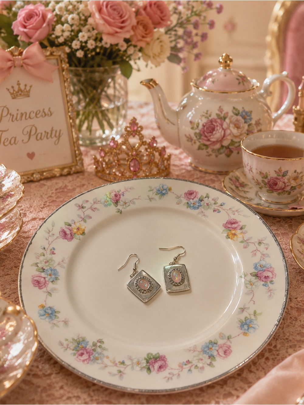 Silver Oval-Center Dangle Earrings in Iridescent Pink